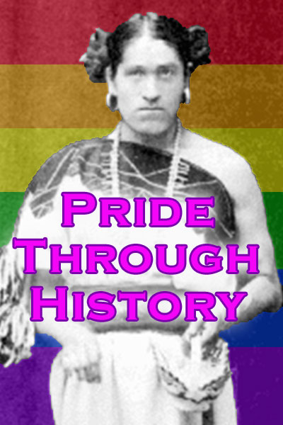 A photo cut out of the famous 19th century Zuni two spirit llamana named We'Wah. The background is muted Rainbow flag stripes. The card title is in front of We'Wah's chest in hot pink letters, "Pride Through History".