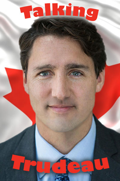 An image of Justin Trudeau, with the Canadian flag behind him. The ecard title Talking Trudeau is written around him.