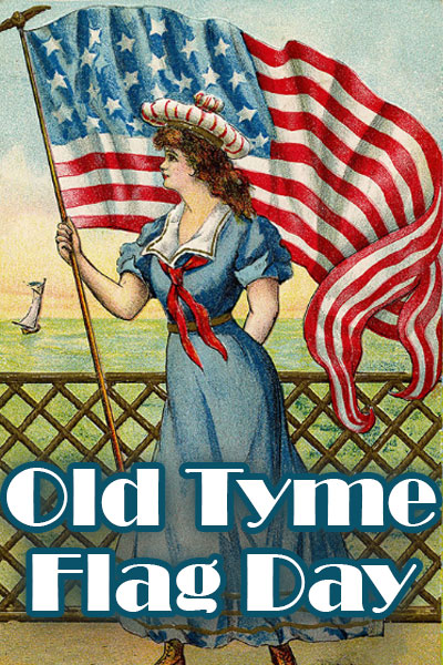 An old fashioned illustration of a woman wearing a long flowing sailor dress, and holding a billowing American flag.
