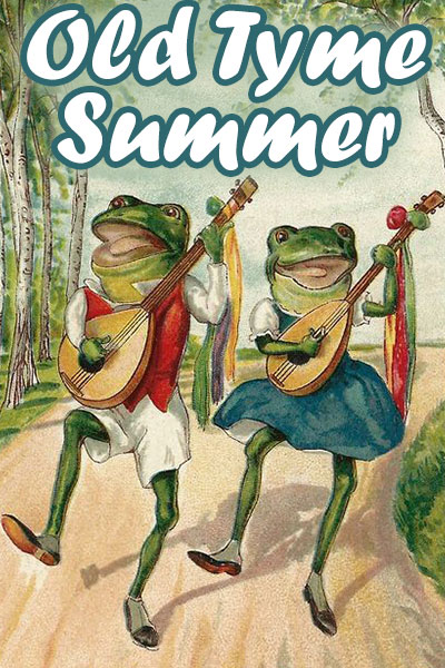 An old fashioned painting of two frogs. They are dancing down a country road while playing lutes.  One frog is wearing a red vest and white shorts. The other frog is wearing a blue dress.