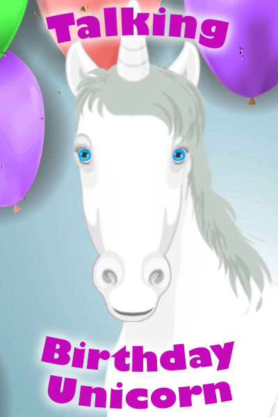 A magical talking unicorn, surrounded by colorful balloons. The ecard Talking Birthday Unicorn is written in the foreground. 