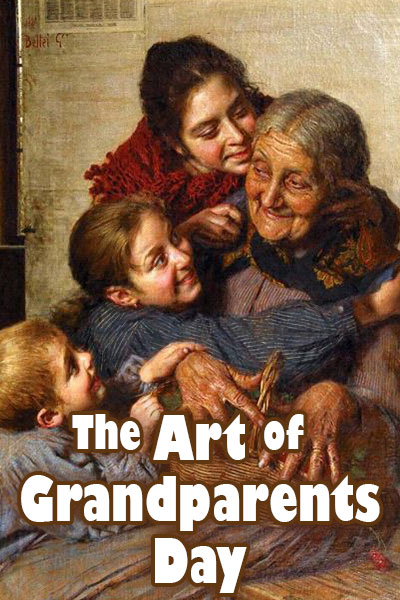 An old fashioned painting. In it, a grandmother grins happily while being surrounded and hugged by three of her grandchildren.