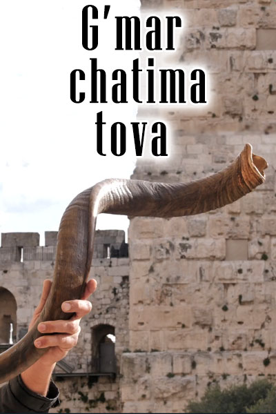 A man plays a shofar in front of a temple.