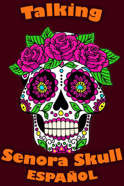 A skull decorated in the style of Mexican sugar skull art, most commonly associated with the Mexican holiday Dia de Los Muertos. It’s decorated with lots of colorful markings, and wearing a lovely flower crown. The ecard title Hablanado Señora Calavera - ESPAÑOL is written around the skull.