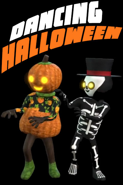 Dancing Halloween eCard thumbnail image shows a dancing pumpkin gal and a dancing skeleton guy in a top hat. 