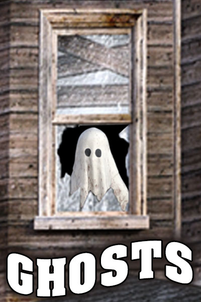 The viewer is looking at a window in a haunted house. The window is broken, and a sheet-covered ghost gazes out through the broken pane.