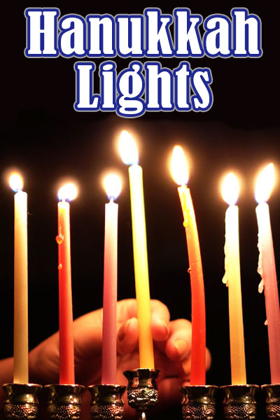 A close view of a menorah with lit candles.