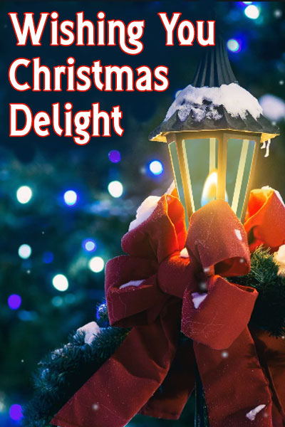 A softly lit street lamp, with snow on top, and a big red bow around the bottom. There are softly blurred blue and silver Christmas lights in the background. Wishing You Christmas Delight is written at the top.