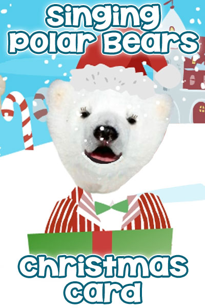 A cute Christmad card featuring a polar bear in a Santa hat, and red and white striped suit jacket.