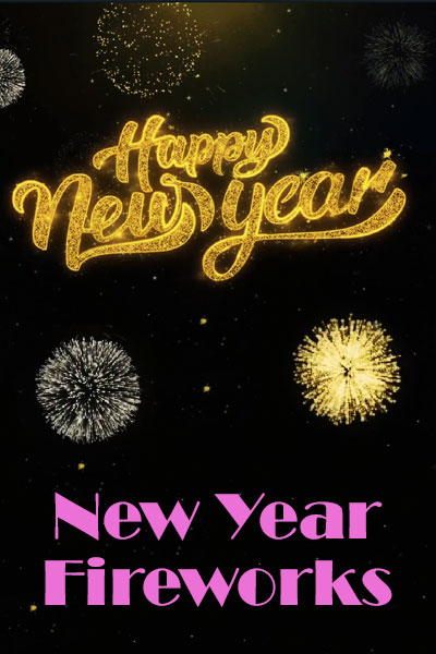 A black night sky with the words Happy New Year in sparkling gold letters and gold and silver bursts of fireworks around it.