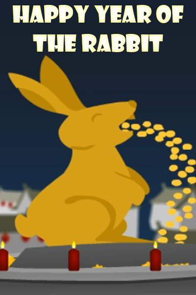 A golden rabbit, with coins spilling out of its mouth.