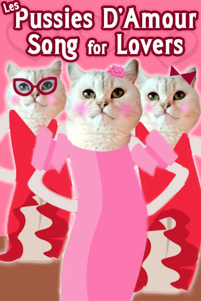 Three kitty songstresses, wearing long, flowing gowns.