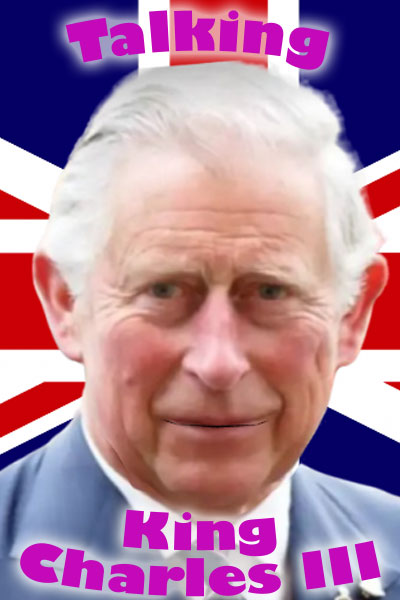 A photo of King Charles with the Union Jack flag behind him.