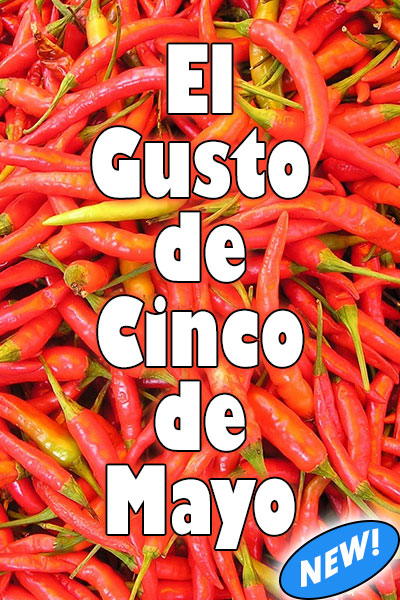 A Cinco de Mayo ecard., that is a close up of a huge bundle of red, orange, and yellow chili peppers.