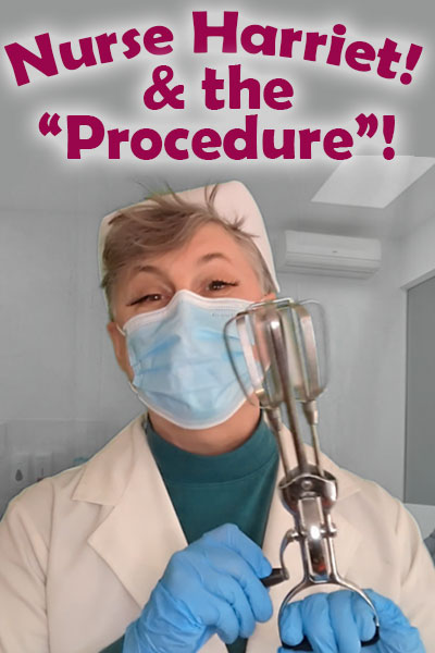 A Nurse's day ecard, starring a nurse in a medical coat and scrubs. In her gloved hands is an egg beater, which she is preparing to use to perform a procedure.