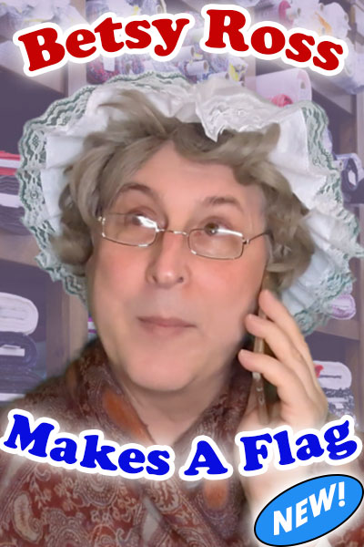 A funny Flag Day ecard, the thumbnail image shows Betsy Ross, a grey-haired woman in a bonnet and glasses, taking a phone call on her cell phone.