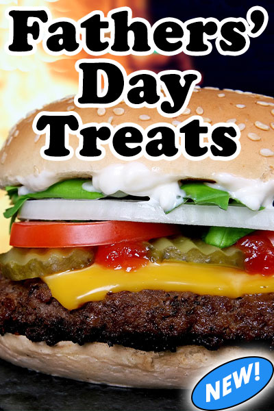 A humorous Father;s Day ecard, the thumbnail image showing a closeup view of a large cheeseburger with lettuce, tomatoes, onions, pickles, ketchup and mayonnaise toppings.