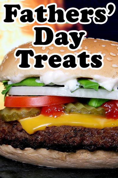 A humorous Father;s Day ecard, the thumbnail image showing a closeup view of a large cheeseburger with lettuce, tomatoes, onions, pickles, ketchup and mayonnaise toppings.