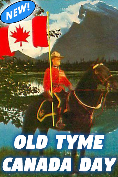 An old fashioned photo of a member of the Royal Canadian Mounted Police force sitting atop their horse, and holding a Canadian flag.