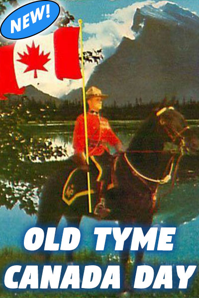 An old fashioned photo of a member of the Royal Canadian Mounted Police force sitting atop their horse, and holding a Canadian flag.