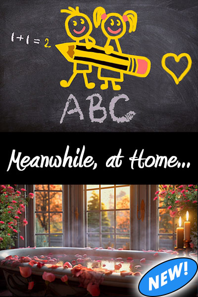 This thumbnail is divided into 2 sections. The top section has a chalkboard showing an illustration of two stick children holding a pencil and writing 1 plus 1 equals 2 on the chalkboard. The bottom panel shows a picture of a bathtub full of hot, steamy water, and rose petals.