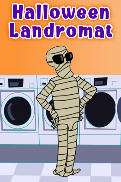 This Halloween ecard shows the Mummy in a laundromat in front of a washing machine. The title reads, "Halloween Laundromat"