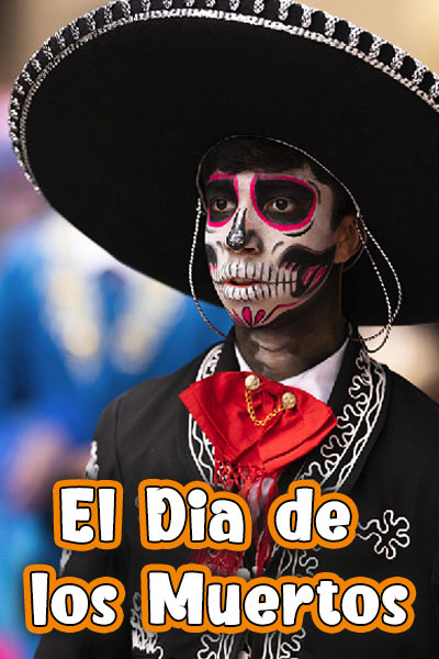 This Dia di los Muertos ecard shows a young Mexican man in mariachi outfit with black sombrero. His face is painted like a skull. The title reads, "El Dia de los Muertos".