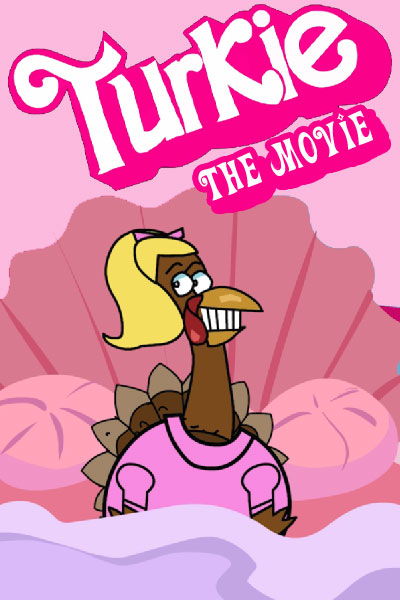 A frame from a satirical Thanksgiving ecard based on Barbie the Movie, we see a blonde turkey dressed up to look like Barbie in her pink bed in her dream house. Above her is a hot pink and white title saying "Turkie the Movie".