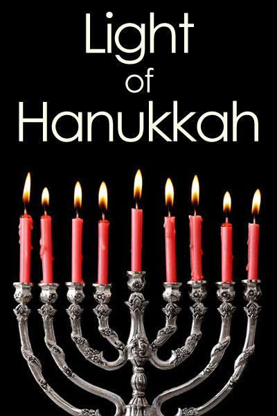 This Hanukkah greeting shows a sliver menorah with red candles, all lit. The title above says, "Light of Hanukkah"