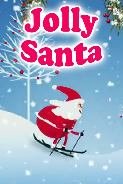A snowy hill in a forest of bare trees with Santa on snow skis heading down hill and smiling. Above him the title reads, "Jolly Santa"