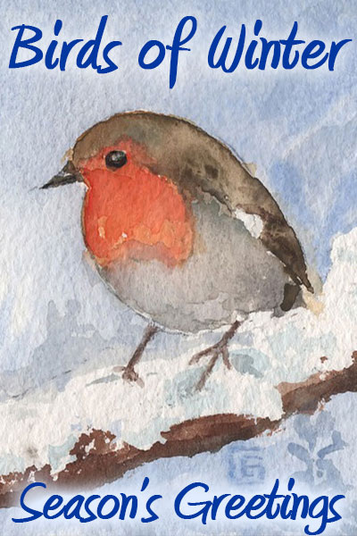 this Seasons Greetings card is a watercolor of a female cardinal sitting on a branch. The title in blue font says, "Birds of Winter " and "Seasons Greetings".