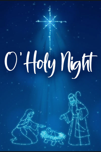 This ecard for Christmas shows Joseph, Mary and the baby Jesus as outlines in white sparkles against a blue night sky, with the star of Bethlehem above them. The text is White font reads, "O' Holy Night".