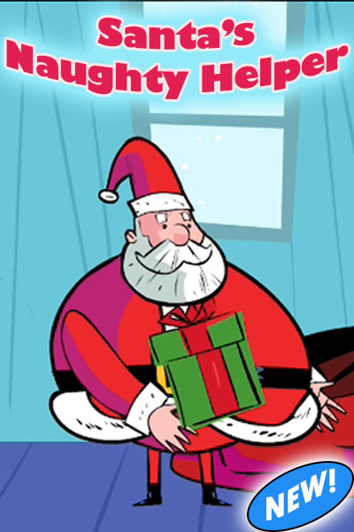 This Christmas ecard shows a cartoon Santa holding a present wrapped in green and red. Behind him are the walls and floor of his home in shades of blue. At the top in red is the title, "Santa's Naughty Helper"