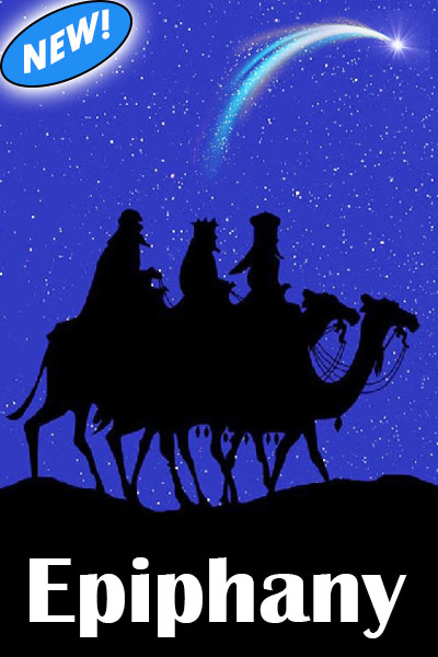 This Epiphany ecard shows the Biblical three wise men in silhouette on camels travelling across a desert. They are in black silhouette against a blue night sky filled with stars, with the Star of Bethlehem in the upper right corner with a comet tail. At the bottom in white font is the title, "Epiphany".