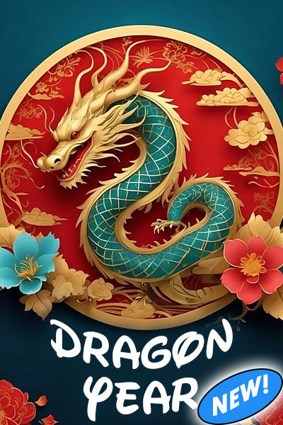 This Lunar new year or Chinese New Year greeting shows a red and gold circle on a teal background. Ihe circle is a green and gold Chinese style dragon. There are gold clouds around the dragon and a teal and a pink flower beside it. The title reads, "Dragon Year".