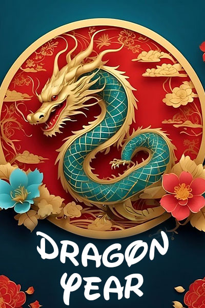 This Lunar new year or Chinese New Year greeting shows a red and gold circle on a teal background. Ihe circle is a green and gold Chinese style dragon. There are gold clouds around the dragon and a teal and a pink flower beside it. The title reads, "Dragon Year".