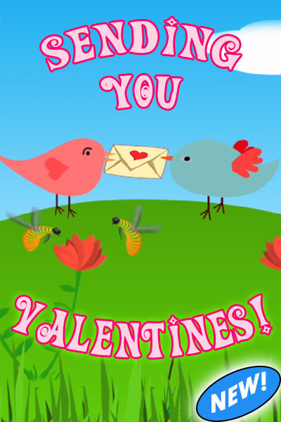 This Valentine's Day ecard shows a grassy hill and blue sky with two cartoon birds on the hill facing each other. In thjeir beaks they hold an envelope with a heart on it. The title reads, "Sending You Valentines".