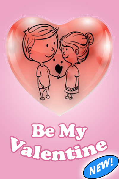 this Valentine's Day ecard is a pink background behind a red 3D heart. One the heart is a cartoon depiction of a boy and a girl holding hands. Their are drawn in simple black lines. The title below them reads, "Be My Valentine".