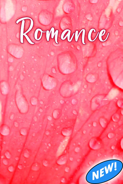 This Valentine's Day greeting card shows an extreme close up of a pink rose petal with drops of dew on it. At the top in cursive writing is the title, "Romance"