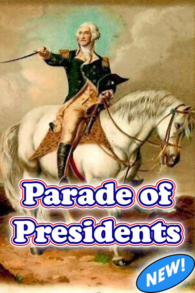 The image for this Presidents Day ecard shows a classical painting of George Washington seated atop a white horse, sword drawn. The red, white, & blue text below him reads, "Parade of Presidents".