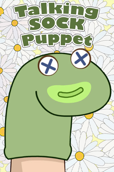 Against a background of a pattern of daisies, the talking sock puppet is a cartoon character that looks like a green sock on a hand, with button eyes and a green mouth. Above it is the title in green block letters, "Talking Sock Puppet".