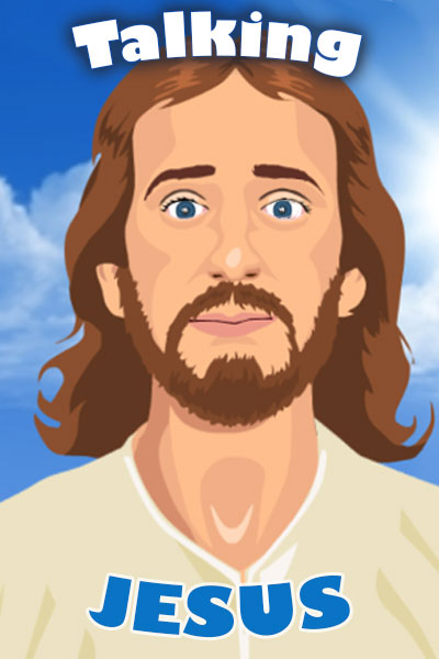 A blue sky background with a standard cartoon depiction of Jesus Christ with pale skin and brown hair and blue eyes, mustache and beard.  Above and below him are the words, "Talking" (in white) "Jesus" (in blue).