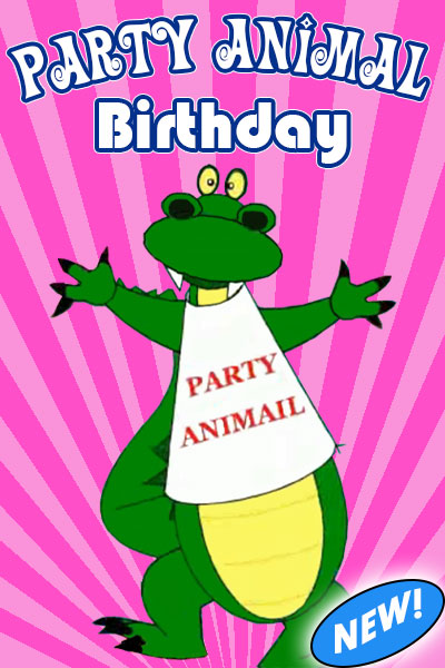 An alligator is dancing in the foreground. He wears a white t-shir that says, "Party Animal" in red letters. Behind him are an array of pink rays spreading upward and outward from the bottom of the image. At the top in white curly letters is the title of this birthday ecard, "Party Animal Birthday"