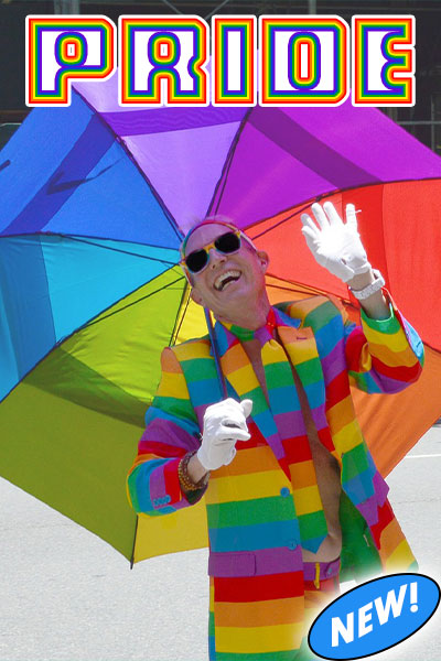A man holding a rainbow umbrella and wearing a rainbow striped jacket and tie while wearing sunglasses, white gloves and tilting his head back to smile and laugh. Above him in a rainbow font is the word, "Pride" for LGBTQ Pride.