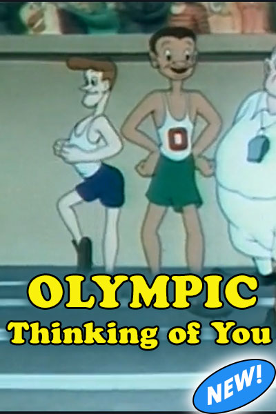 The image of this Thinking of You ecard is a still form a 1940s era cartoon with two runners getting read on a track in a stadium. We see the two skinny cartoon runners, one facing the course, the other facing the viewer. They are in shorts and white talk top t-shirts and smiles. In the bottom third of the image is the title, "Olympic Thinking of You".
