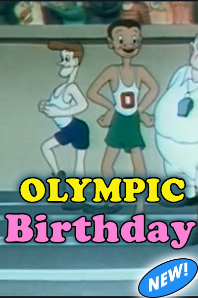 The image of this Birthday ecard is a still form a 1940s era cartoon with two runners getting read on a track in a stadium. We see the two skinny cartoon runners, one facing the course, the other facing the viewer. They are in shorts and white talk top t-shirts and smiles. In the bottom third of the image is the title, "Olympic Birthday".