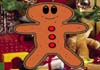 A cartoon gingerbread cookie in front of a Christmas tree.