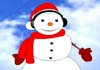 A cartoon snowman, wearing earmuffs, a red Santa hat, and red scarf. Talking Snowman is written in the foreground.