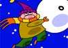 A person leaping around in the snow, holding a snowman head in their hands. The person is bundled in winter clothes so much that all you can see is their eyes and nose. Snowman’s Season Greetings is written above them.