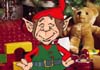 A smiling, cartoon elf, dressed in red and green.